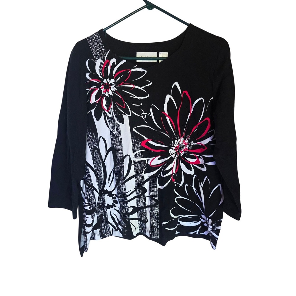 Alfred Dunner Womens Art Deco Floral Rhinestone 3/4 Sleeve Knit Top Black Pink M